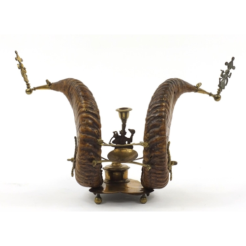 11 - Staghorn brass mounted desk stand with pen rack and inkwell, 47cm wide