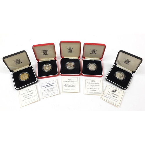 1369 - Five United Kingdom silver proof Piedfort two pound coins with cases including 1996 Celebration of F... 