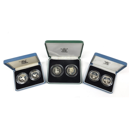 1371 - Three United Kingdom silver proof two coin sets with cases including 1997 fifty pences and 1992 ten ... 