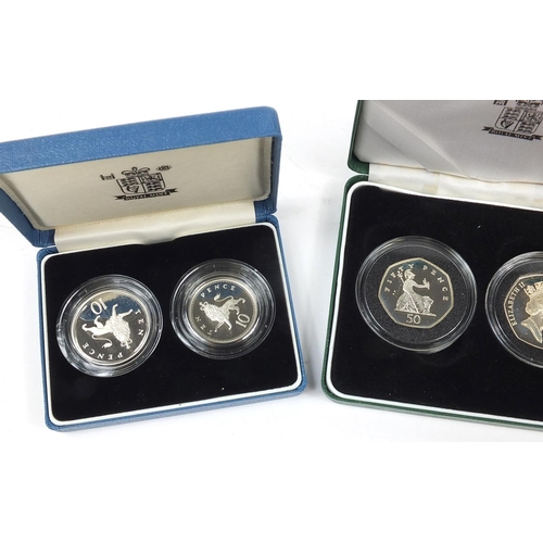 1371 - Three United Kingdom silver proof two coin sets with cases including 1997 fifty pences and 1992 ten ... 