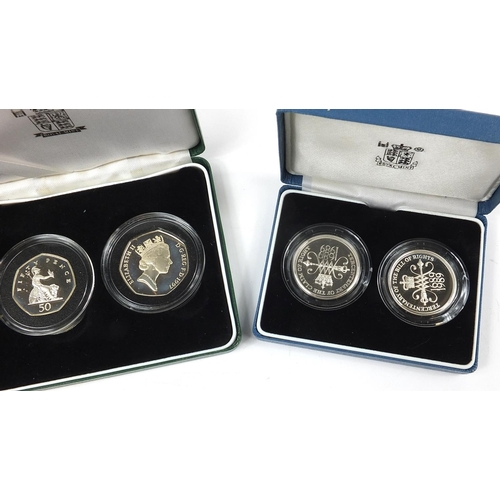 1371 - Three United Kingdom silver proof two coin sets with cases including 1997 fifty pences and 1992 ten ... 