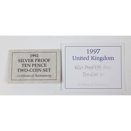 1371 - Three United Kingdom silver proof two coin sets with cases including 1997 fifty pences and 1992 ten ... 