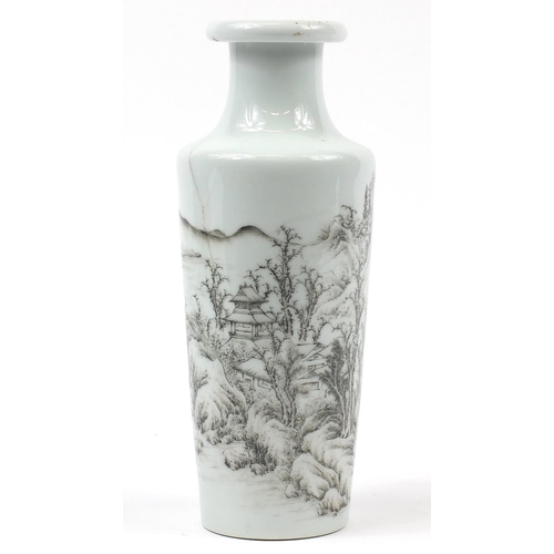 160 - Chinese en grisaille porcelain vase hand painted with river landscape, 34cm high