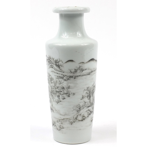 160 - Chinese en grisaille porcelain vase hand painted with river landscape, 34cm high