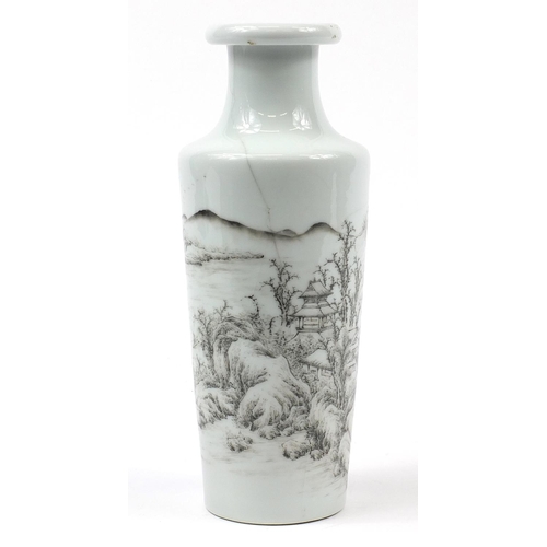 160 - Chinese en grisaille porcelain vase hand painted with river landscape, 34cm high