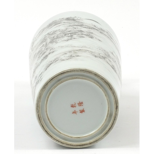 160 - Chinese en grisaille porcelain vase hand painted with river landscape, 34cm high