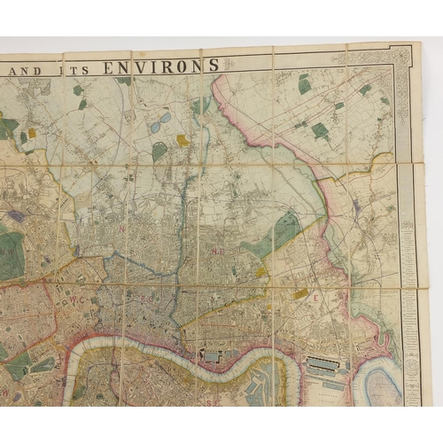 2198 - 19th century canvas backed hand coloured folding map titled Environs of London by James Wild with sl... 