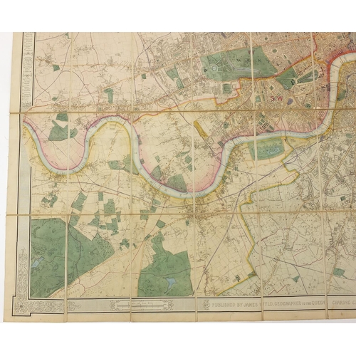 2198 - 19th century canvas backed hand coloured folding map titled Environs of London by James Wild with sl... 