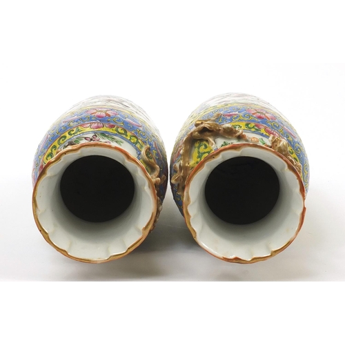 221 - Pair of Chinese porcelain yellow ground vases decorated in relief with water dragons, each hand pain... 