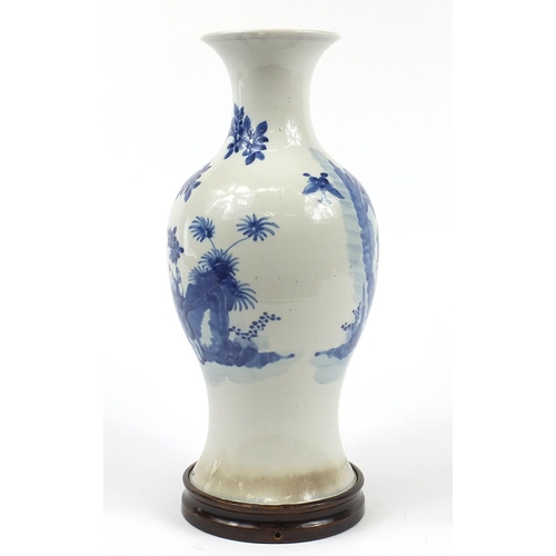 27 - Large Chinese blue and white porcelain baluster vase with hardwood base, hand painted with mothers a... 