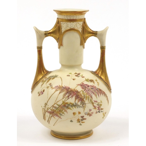 52 - Royal Worcester, Victorian blush ivory vase with twin handles decorated and gilded with flowers, num... 