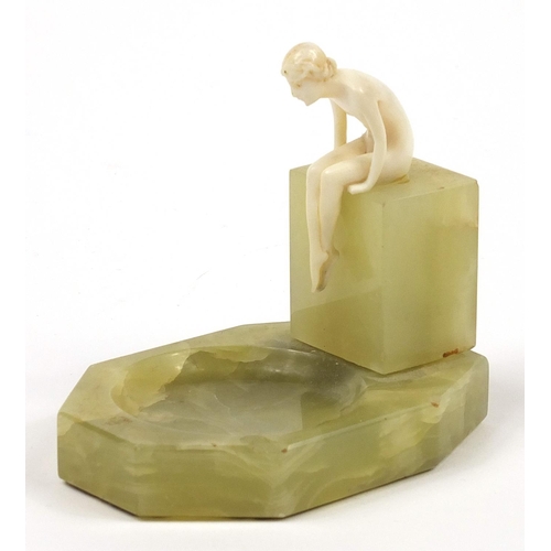 6 - Art Deco onyx dish mounted with a carved ivory nude female, 7.5cm in length