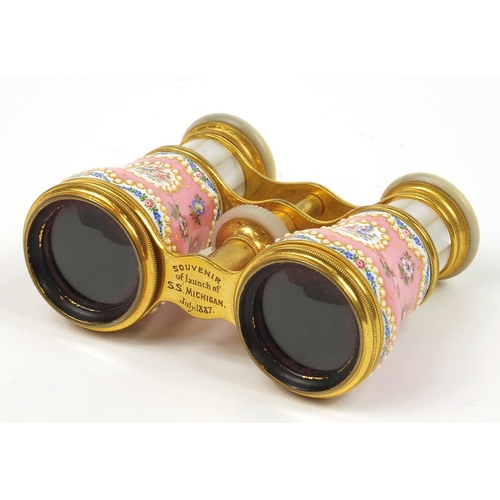 1 - Pair of 19th century gilt brass jewelled opera glasses with velvet case, mother of pearl eye pieces ... 