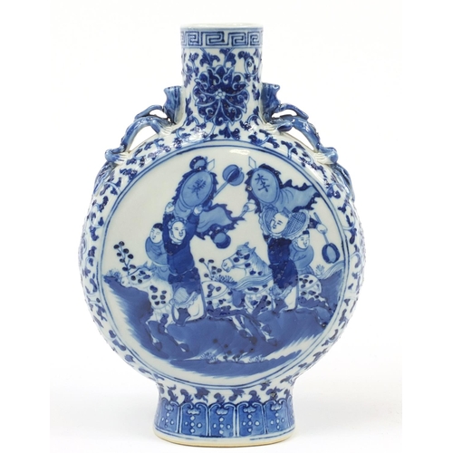 24 - Chinese blue and white porcelain moon flask with animalia twin handles, hand painted with figures on... 