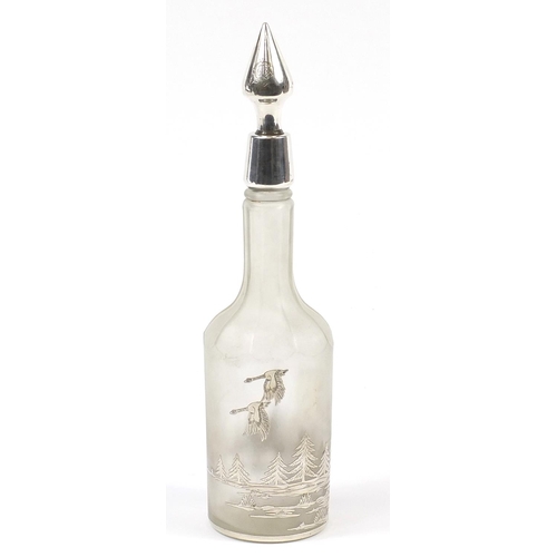 66 - Goldsmiths & Silversmiths Company Ltd, silver overlaid frosted glass decanter with stopper depicting... 