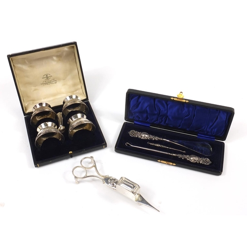 3040 - Silver and silver plate comprising Victorian silver button hook and shoe horn with fitted case, set ... 