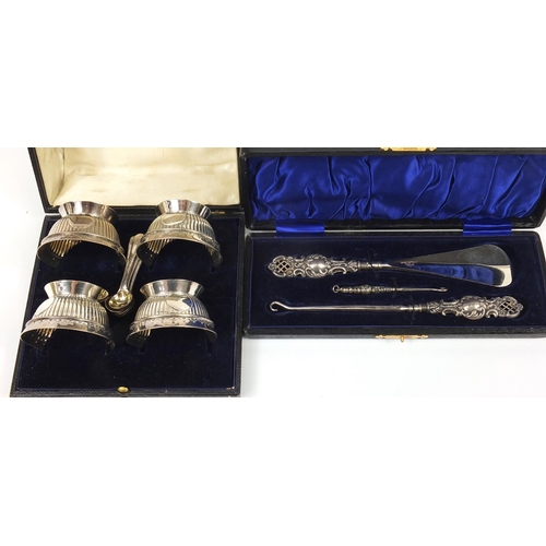 3040 - Silver and silver plate comprising Victorian silver button hook and shoe horn with fitted case, set ... 