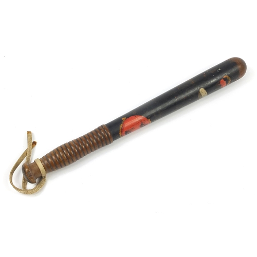 121 - Victorian turned wood police truncheon with hand painted crest, 38.5cm in length