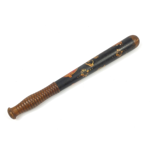 120 - Victorian turned wood police truncheon with hand painted crest, 38.5cm in length