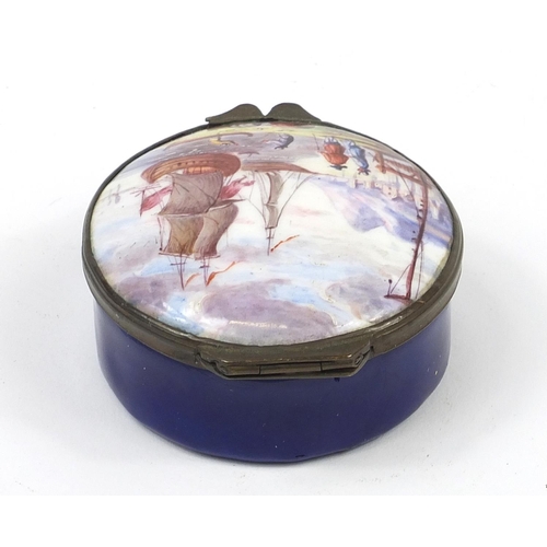2 - 18th century Bilston enamel patch box hand painted with figures before boats in water, 6cm in diamet... 