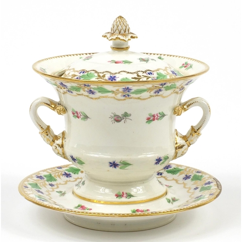 49 - 19th century porcelain sauce tureen with cover on stand, hand painted and gilded with floral sprays,... 
