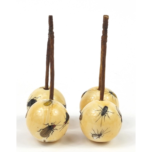 29 - Pair of Japanese carved ivory Shibayama cherries inlaid with insects, each 9cm in length