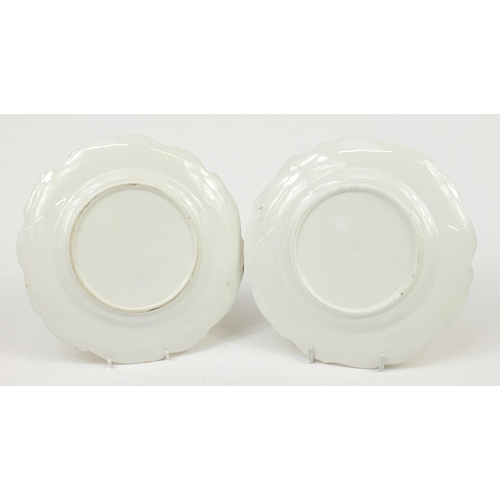 148 - Pair of 19th century porcelain cabinet plates with gilt borders hand painted with birds amongst tree... 