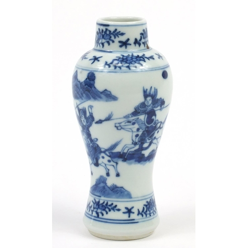 2169 - Chinese blue and white porcelain baluster vase hand painted with warriors on horseback, Kangxi blue ... 