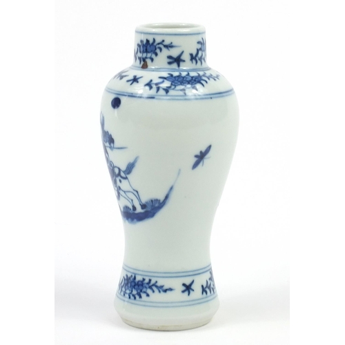 2169 - Chinese blue and white porcelain baluster vase hand painted with warriors on horseback, Kangxi blue ... 