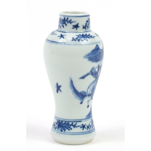 2169 - Chinese blue and white porcelain baluster vase hand painted with warriors on horseback, Kangxi blue ... 