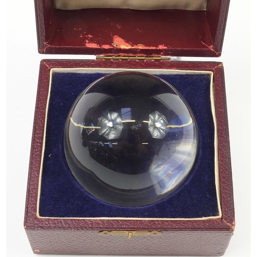 122 - Victorian crystal ball housed in a velvet lined fitted leather case, printed Two Worlds Ltd Manchest... 