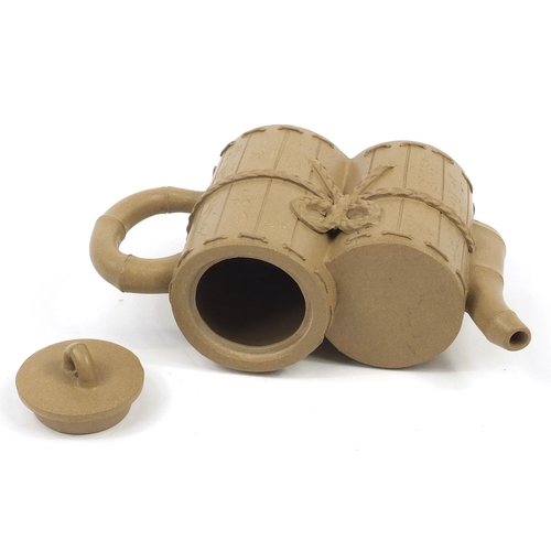 2177 - Chinese Yixing terracotta double scroll teapot with box, incised with calligraphy, character marks t... 