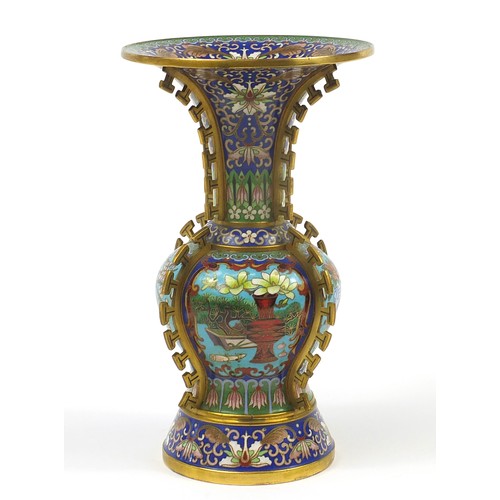30 - Good Chinese cloisonné archaic style vase enamelled with flowers and fruit, 26cm high