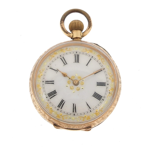 79 - 9ct gold ladies pocket watch with ornate enamel dial, housed in an H Chapman of Chelmsford box, 35mm... 