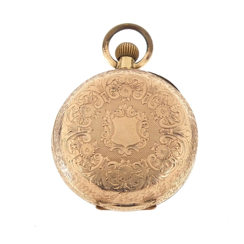 79 - 9ct gold ladies pocket watch with ornate enamel dial, housed in an H Chapman of Chelmsford box, 35mm... 