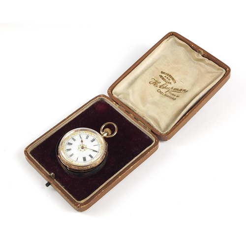 79 - 9ct gold ladies pocket watch with ornate enamel dial, housed in an H Chapman of Chelmsford box, 35mm... 