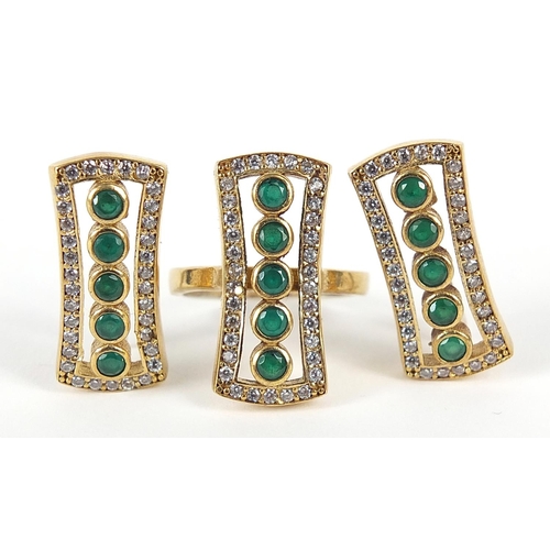 2210 - Designer silver gilt green and clear stone ring and earrings, the ring size R, the earrings 2.5cm hi... 