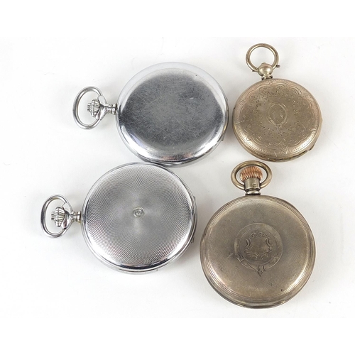 205 - Four pocket watches including a silver Waltham and a  RNIB braille example, the largest 50mm in diam... 