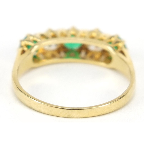 235 - 18ct gold emerald and diamond five stone ring, size O, 3.0g