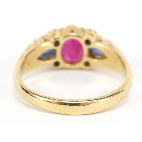 207 - 18ct gold ruby, sapphire and diamond ring, size N, 4.5g