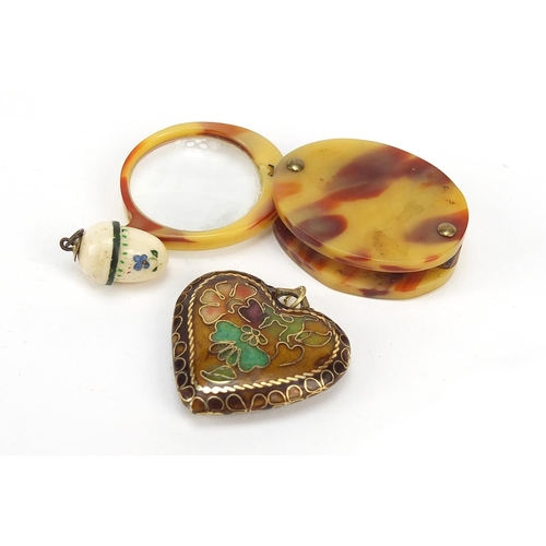 3028 - Jewellery and objects comprising a cloisonné love heart pendant, miniature hand painted egg pendant ... 