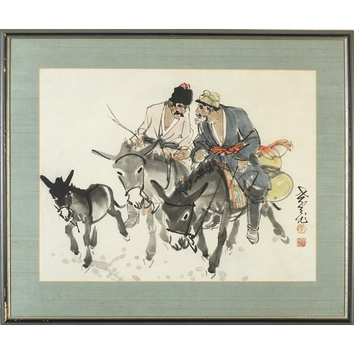 3039 - Figures on donkey back, Chinese watercolour with calligraphy and red seal marks, mounted, framed and... 