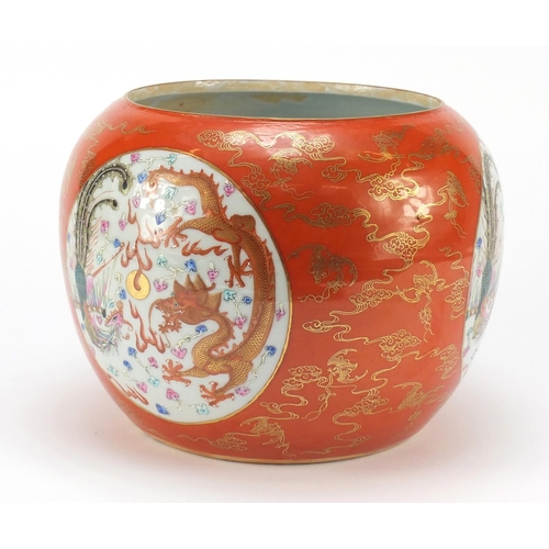 2173a - Chinese porcelain iron red ground jardinière, hand painted in the famille rose palette with roundels... 