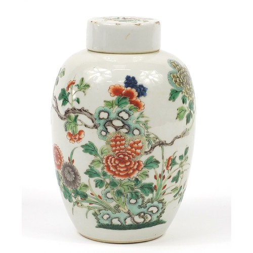 20 - Chinese porcelain jar and cover hand painted in the famille verte pallet with flowers, 20.5cm high