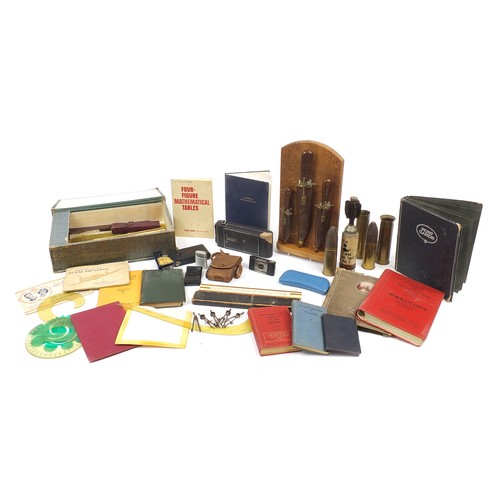 3045 - Sundry items including ephemera, military trench shells and decorative knives on stand