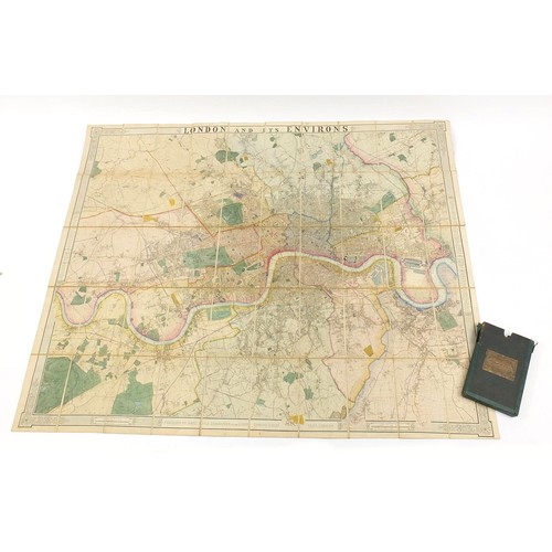 2198 - 19th century canvas backed hand coloured folding map titled Environs of London by James Wild with sl... 