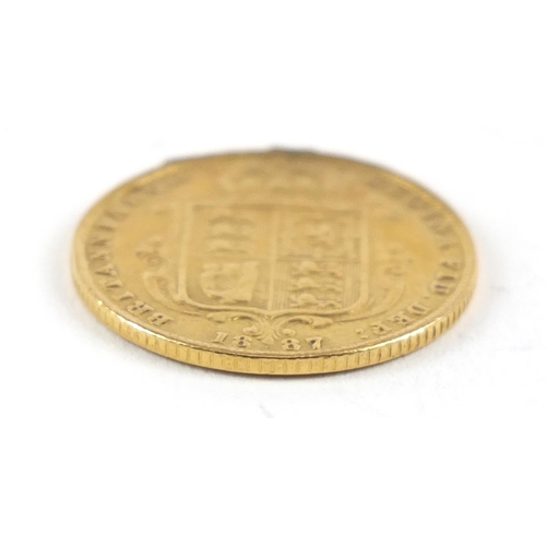 367 - Queen Victoria Jubilee Head 1887 shield back gold half sovereign - this lot is sold without buyer’s ... 