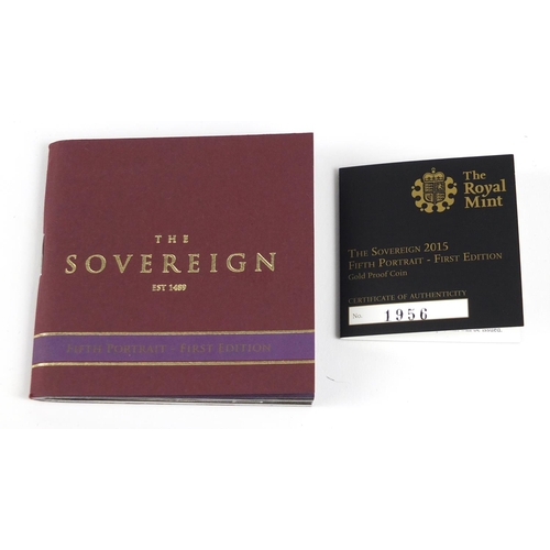 370 - Elizabeth II 2015 gold proof sovereign, boxed and with certificate numbered 1956 - this lot is sold ... 