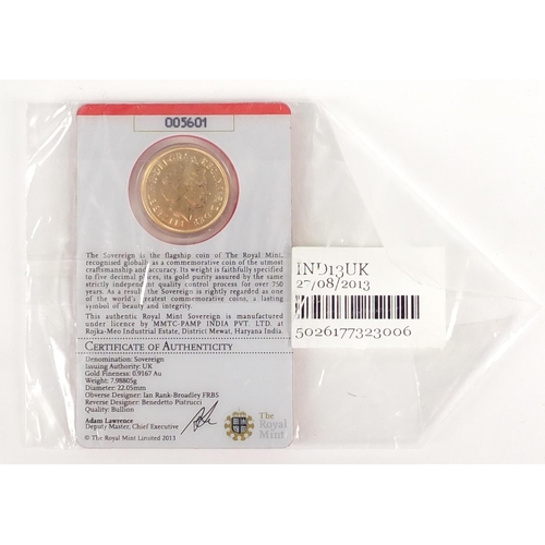 330 - Sealed Elizabeth II 2013 gold sovereign with certificate  numbered 005601 - this lot is sold without... 