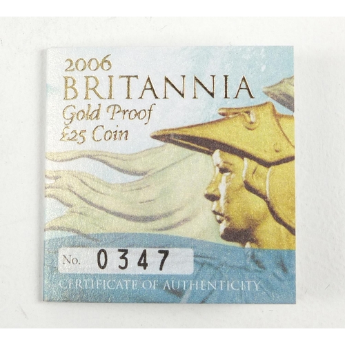 340 - Elizabeth II 2006 Britannia gold proof £25 coin with boxed and certificate numbered 0347 - this lot ... 